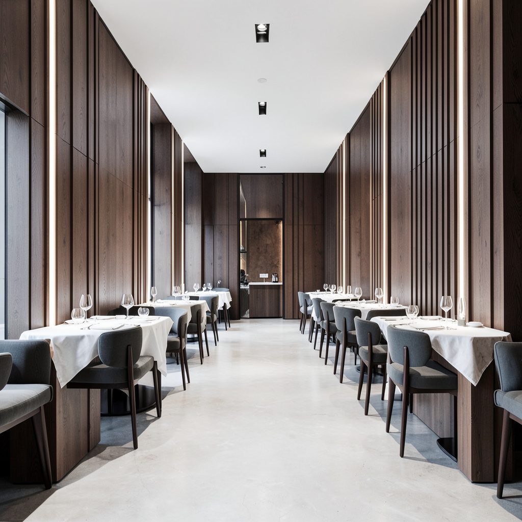 Warmly lit dining room interior with long wooden tables, pendant lights, and softly glowing amber windows along a single wall in muted earth tones